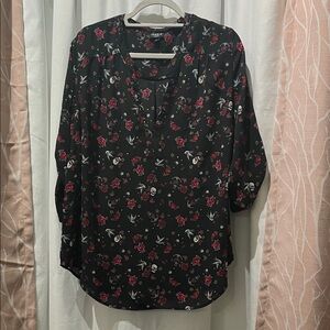 Torrid Black Blouse, skull, bird, anchor with Red Floral Pattern